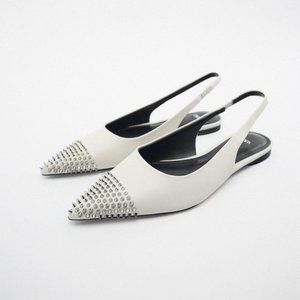 NWOB ZARA STUDDED FLAT LEATHER SLINGBACKS  WHITE - REF. 1501/010 6.5